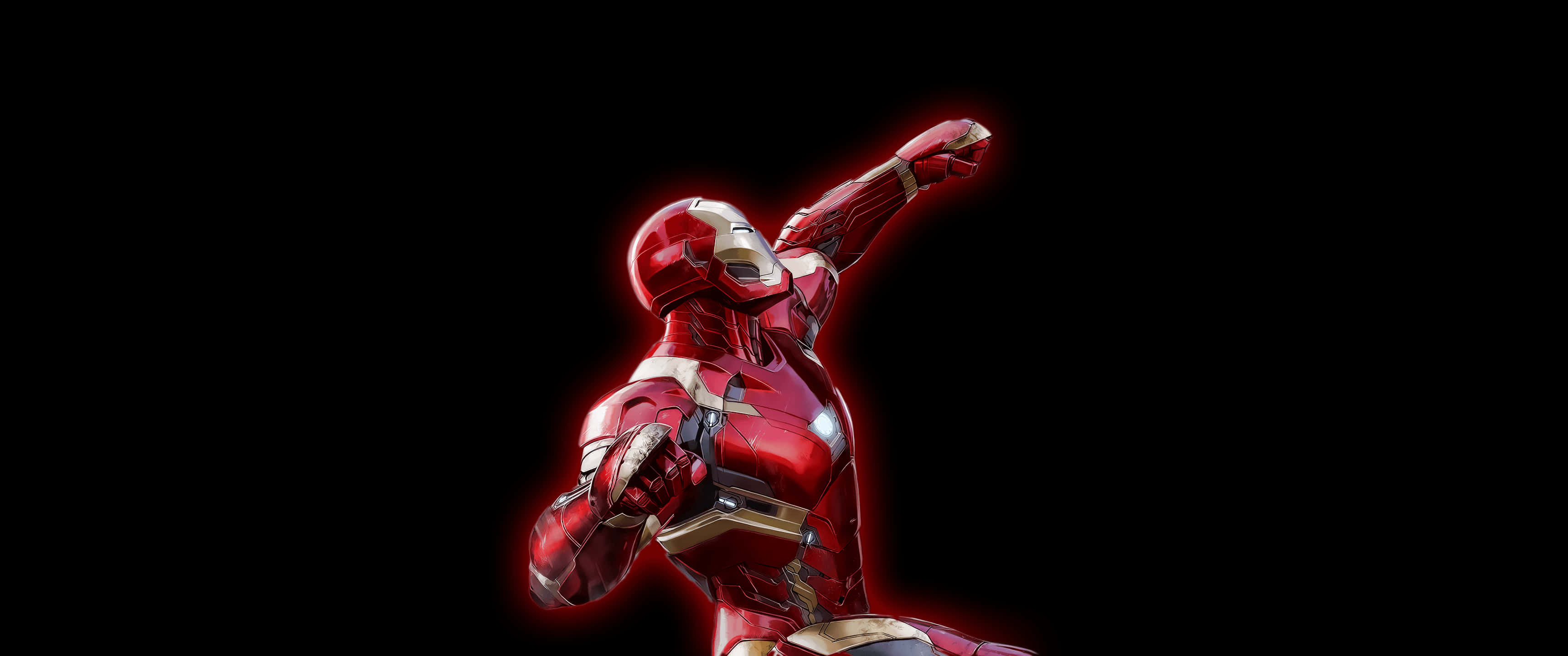 ironman 桌布 壁紙 — 鋼鐵人穿著紅色和金色裝甲，在黑色背景上擺出動態姿勢，邊緣發光。