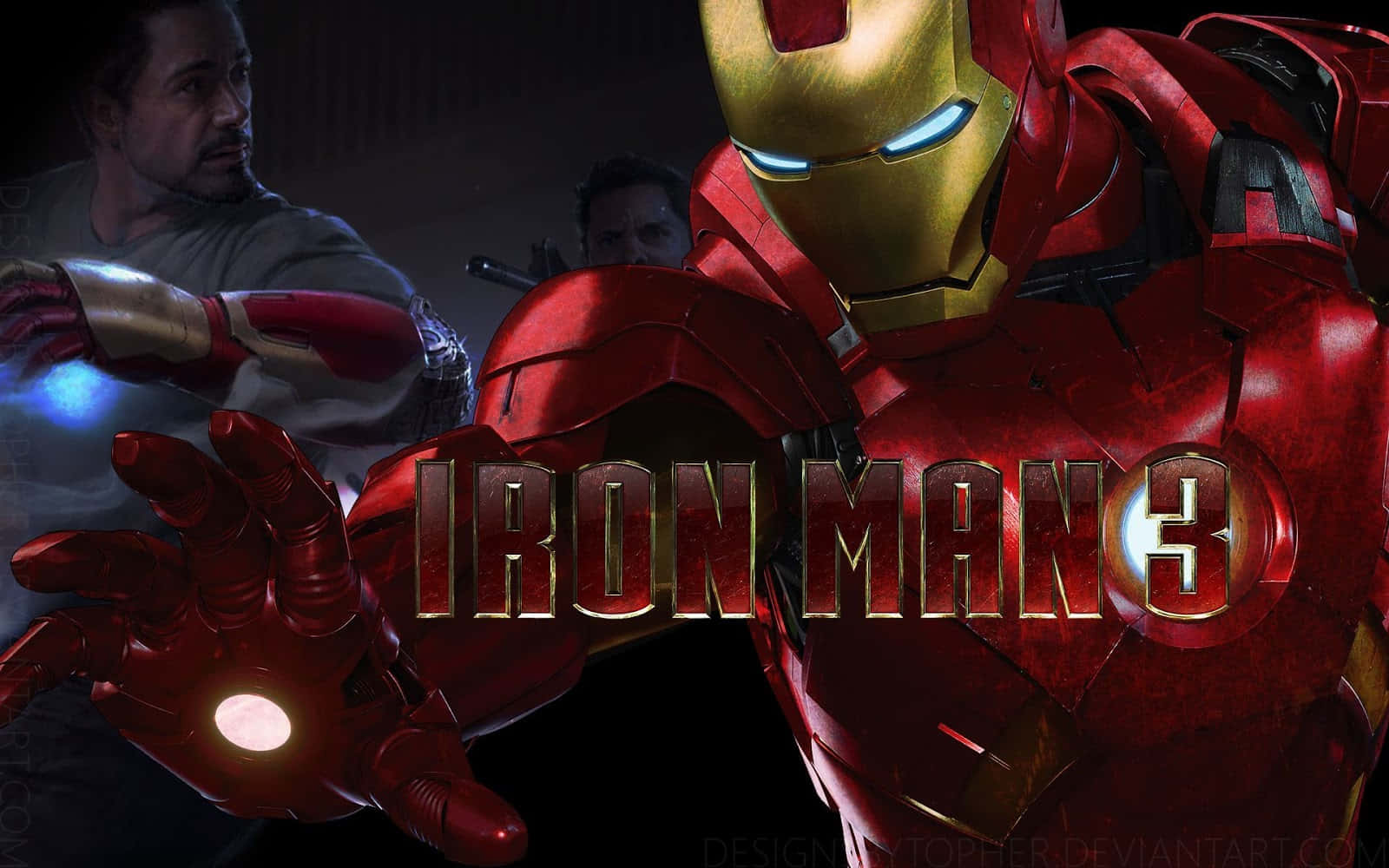 iron man 3 桌布 壁紙 — 鋼鐵人穿著紅色和金色裝甲，帶有發光的斥力炮，在黑暗背景上與電影標題一起突出顯示。