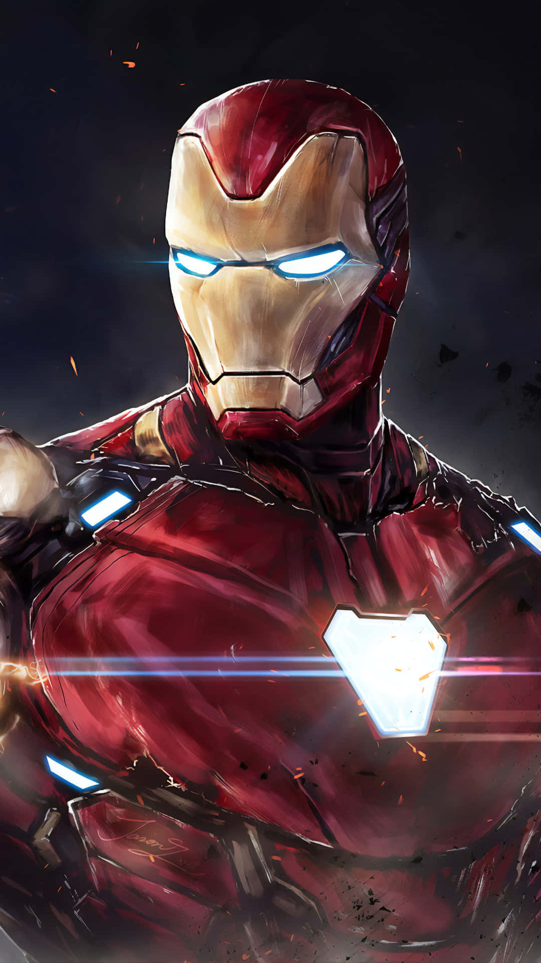Avengers Endgame iPhone 桌布 壁紙 — 鋼鐵人穿著紅色和金色裝甲，發光的藍色眼睛和胸部弧形反應爐，背景陰暗煙霧瀰漫。