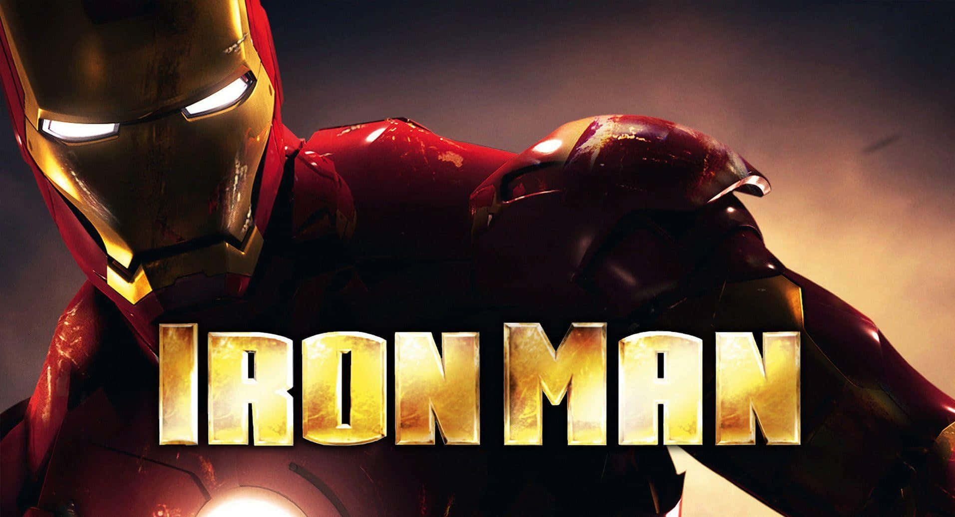 Iron Man Movies 桌布 壁紙 — 鋼鐵人穿著紅色和金色裝甲，眼睛發光，胸前有弧形反應爐，背景是煙霧瀰漫的黑暗。