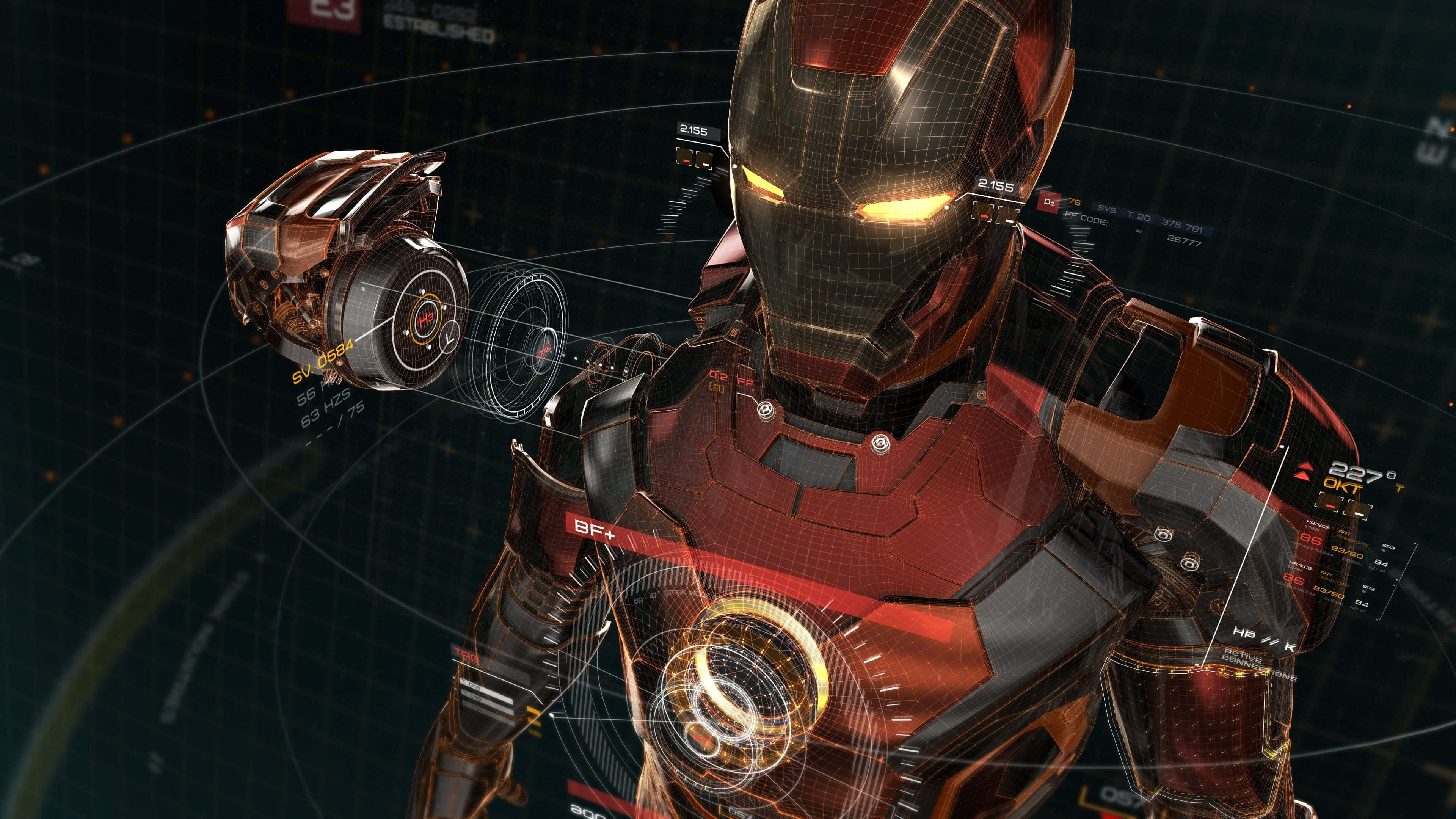 Iron Man Technology 桌布 壁紙 — 鋼鐵人穿著紅色和金色裝甲，眼睛發光，帶有全息界面，背景為深色網格。