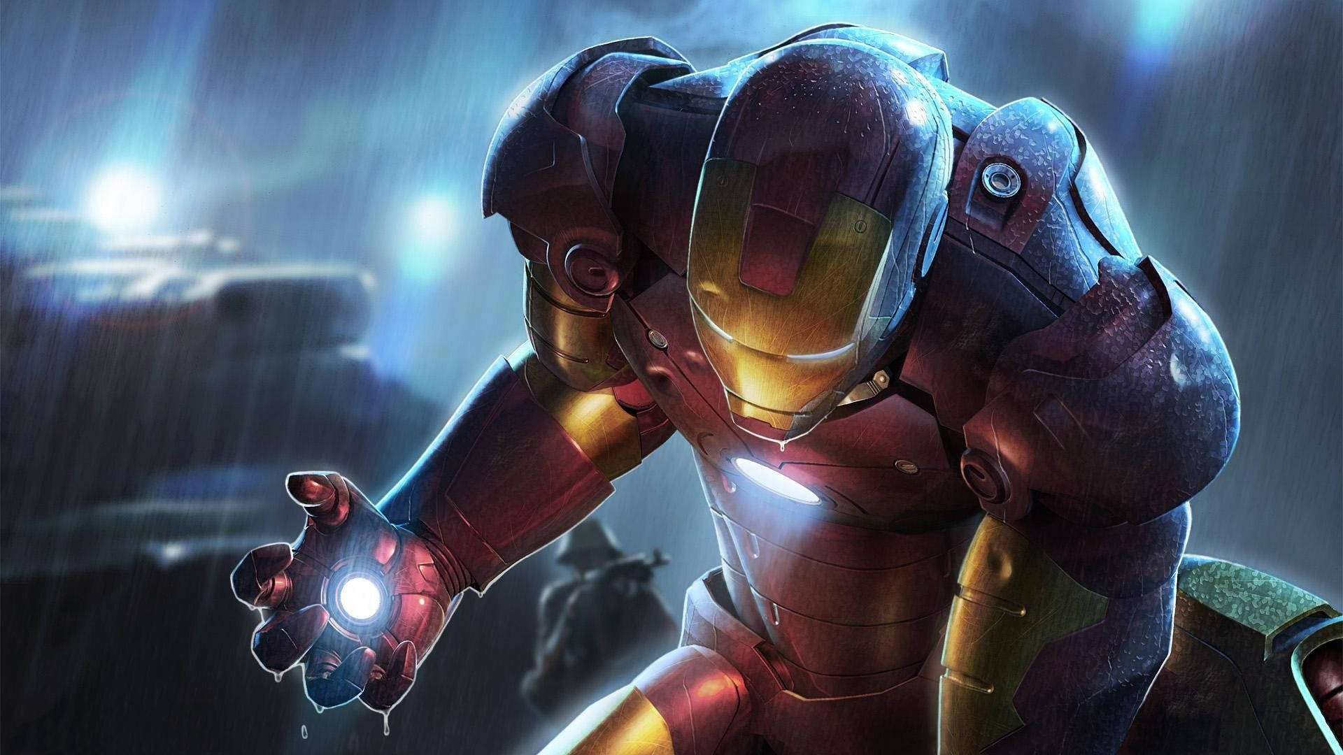 HD superhero 桌布 壁紙 — 鋼鐵人穿著紅色和金色裝甲，站在雨夜場景中，發光的斥力器和戲劇性的燈光。