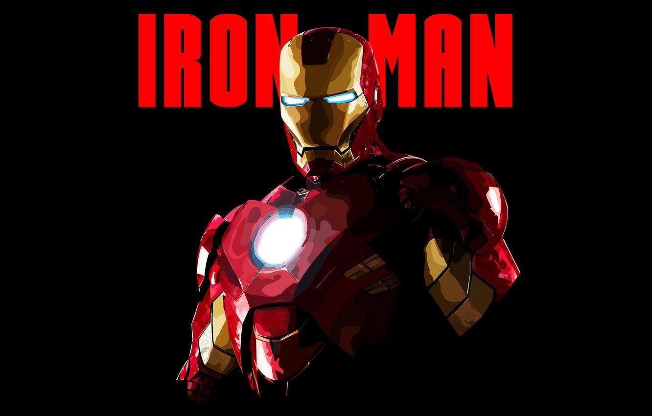 Iron Man Logo 桌布 壁紙 — 鋼鐵人穿著紅色和金色裝甲，站在黑色背景前，眼睛和胸口弧形反應爐發光。