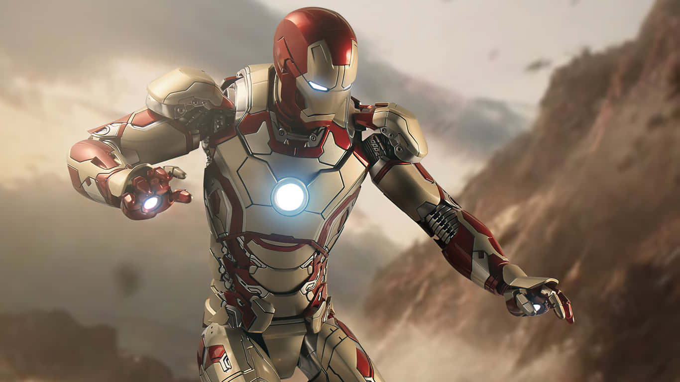 1366x768 Iron Man 桌布 壁紙 — 鋼鐵人穿著紅色和金色裝甲，雙手發射器發光，在塵土飛揚的山脈背景下蓄勢待發。