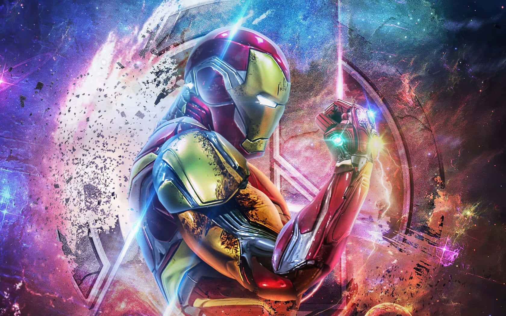 Endgame 桌布 壁紙 — 鋼鐵人穿著紅金戰甲，在宇宙星雲背景下英勇站立，伴隨發光能量效果。