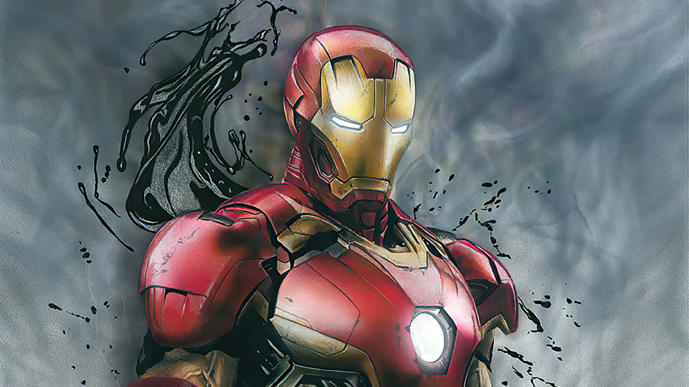 1366x768 Iron Man 桌布 壁紙 — 鋼鐵人穿著紅金戰甲，在帶有黑色墨水飛濺的暴風雨灰色背景下挑釁地站立。