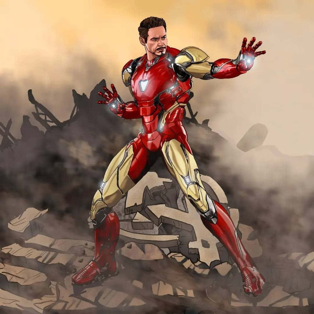 Iron Man Fan Art 桌布 壁紙 — 鋼鐵人穿著紅金戰甲，在瓦礫和煙霧中傲然挺立，斥力炮閃爍光芒。