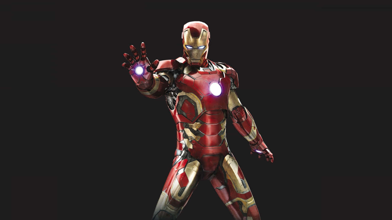 1366x768 Iron Man 桌布 壁紙 — 鋼鐵人穿著紅金戰甲，在黑暗背景下蓄勢待發，雙手發出光芒。