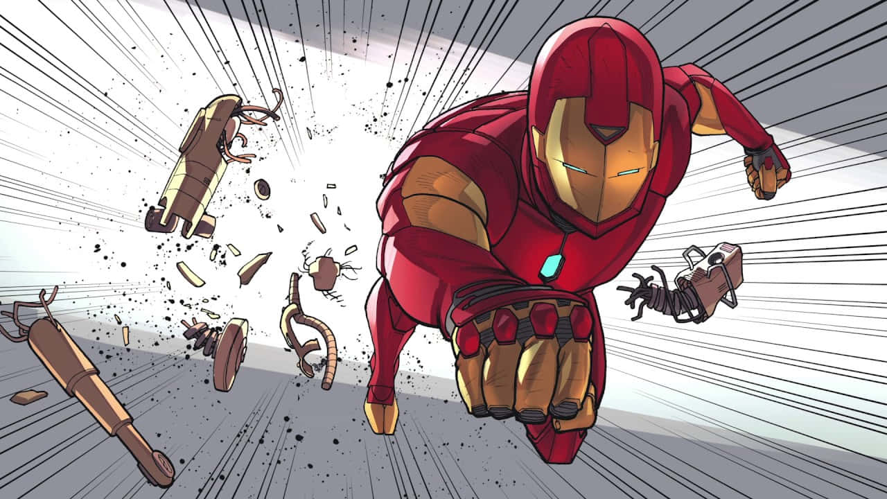 Iron Man Comics 桌布 壁紙 — 鋼鐵人穿著紅金戰甲向前衝刺，機械肢體在他身後爆炸，構成一個動感十足的漫畫畫面。