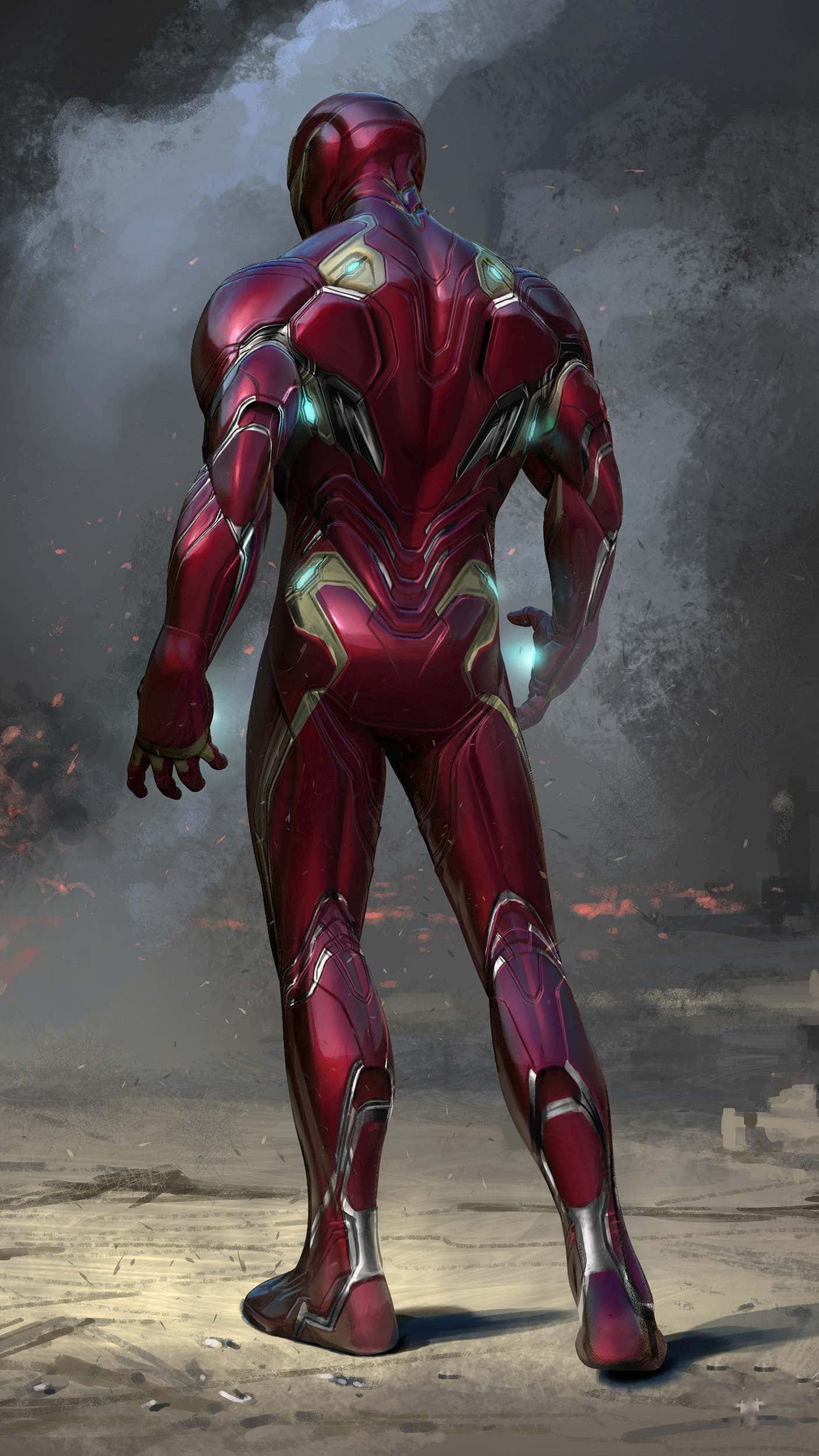 Iron Man Suit 桌布 壁紙 — 鋼鐵人穿著紅金戰衣，背對鏡頭，站在煙霧瀰漫的戰場上，帶有發光裝飾。