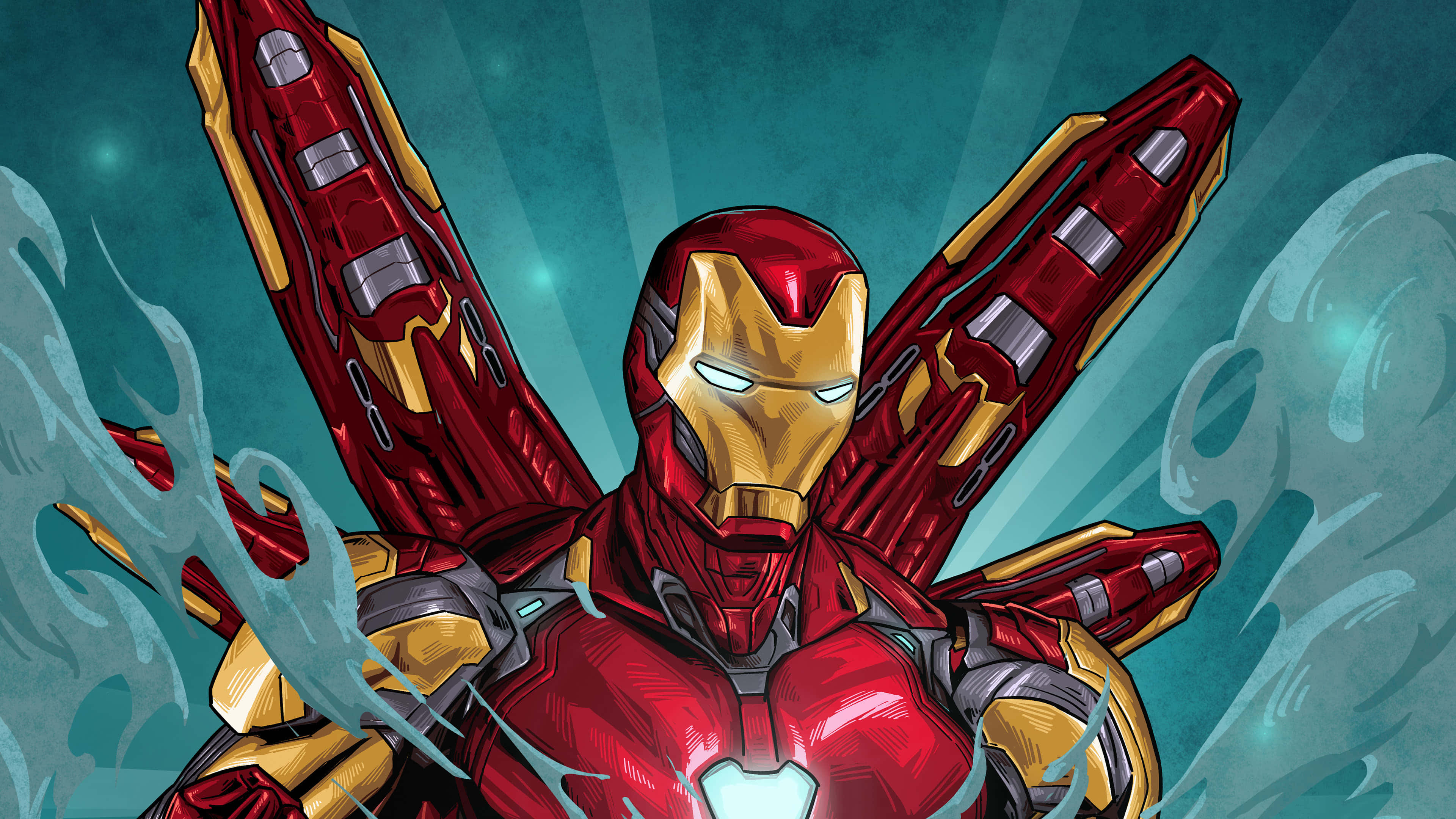 Iron Man Art 桌布 壁紙 — 鋼鐵人穿著紅金色裝甲，在帶有動態模糊效果的青綠色背景上發射斥力噴射器。