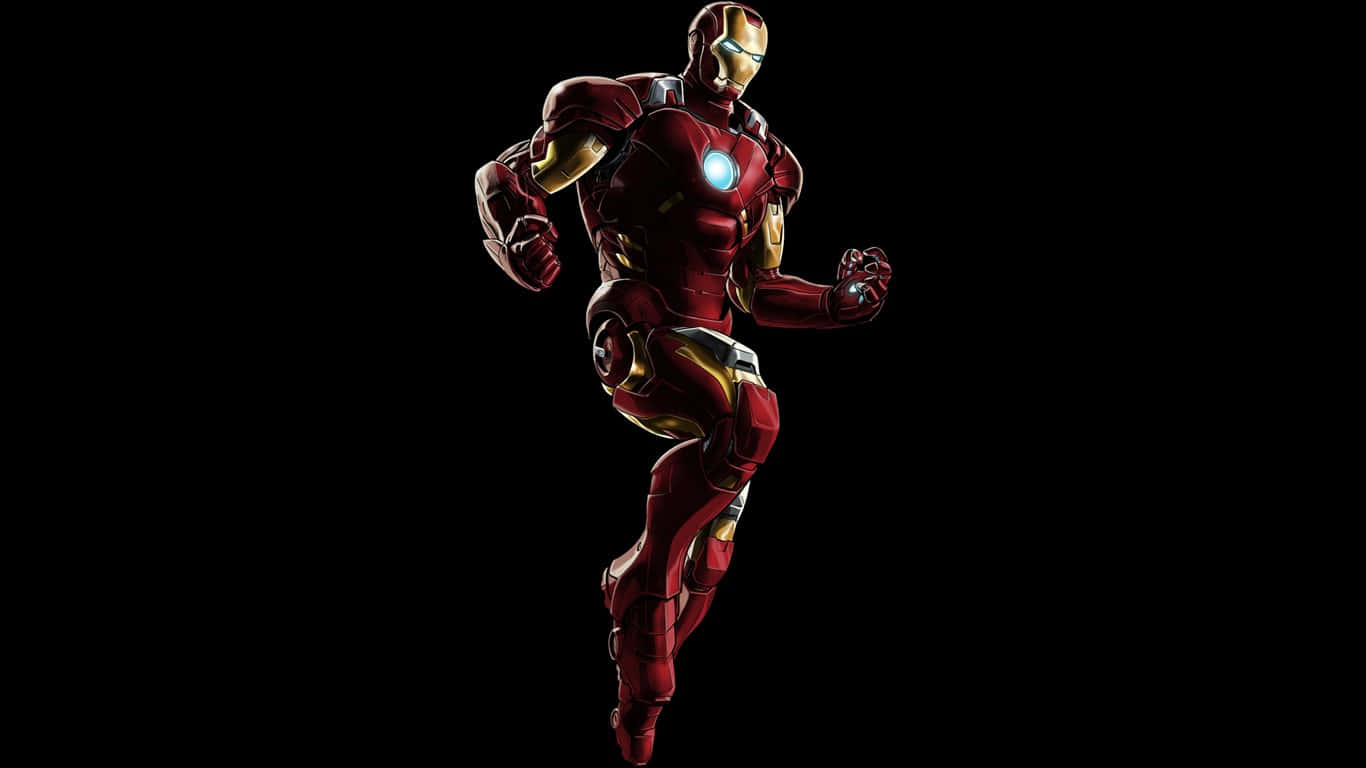 1366x768 Iron Man 桌布 壁紙 — 鋼鐵人穿著紅金色裝甲，在純黑背景上動態奔跑，弧形反應爐發光。