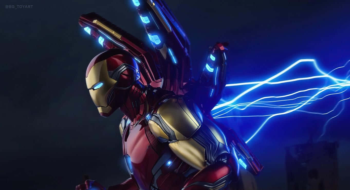 1366x768 Iron Man 桌布 壁紙 — 鋼鐵人穿著紅金裝甲，在漆黑的夜空中發出藍色發光斥力脈衝和能量光束。
