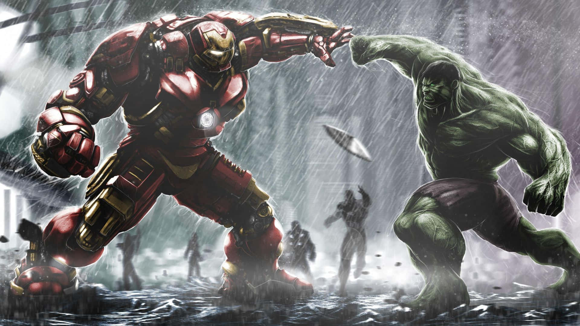 Iron Man Vs Hulk 桌布 壁紙 — 鋼鐵人穿著紅金裝甲，在雨水浸濕的城市戰場上與綠色浩克交戰。
