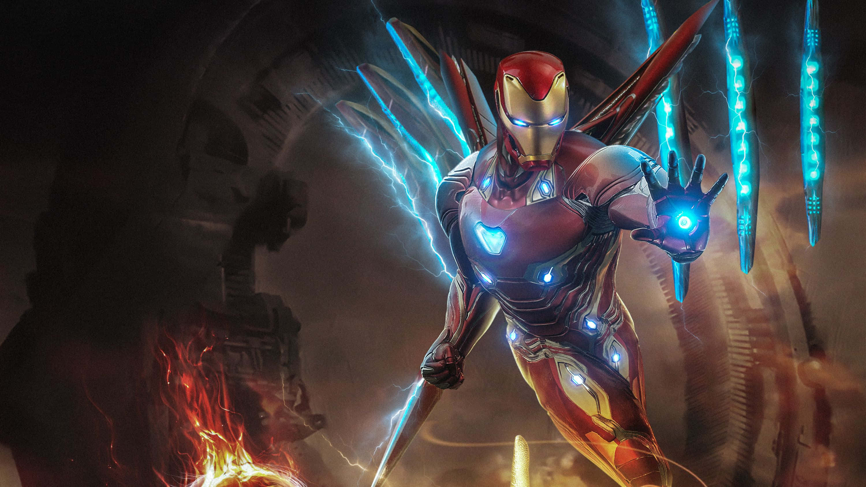 Iron Man Suit 桌布 壁紙 — 鋼鐵人穿著紅金裝甲，在黑暗的工業環境中，英雄般地站立在電藍色能量和猛烈爆炸之中。
