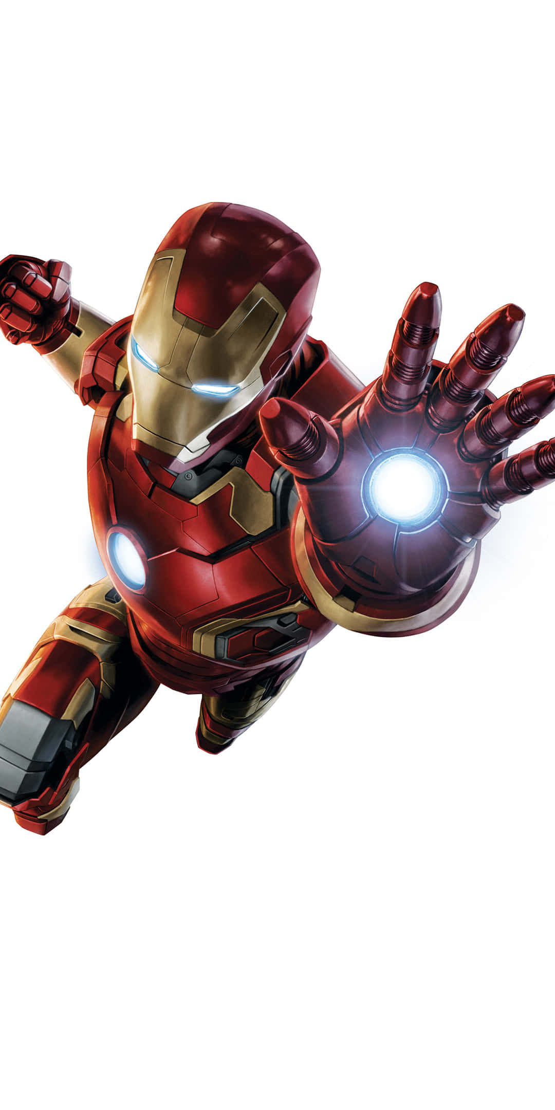 Pixel 3 Iron Man 桌布 壁紙 — 鋼鐵人穿著紅金裝甲，掌心發出光芒的斥力炮，在純白背景前向前飛翔。