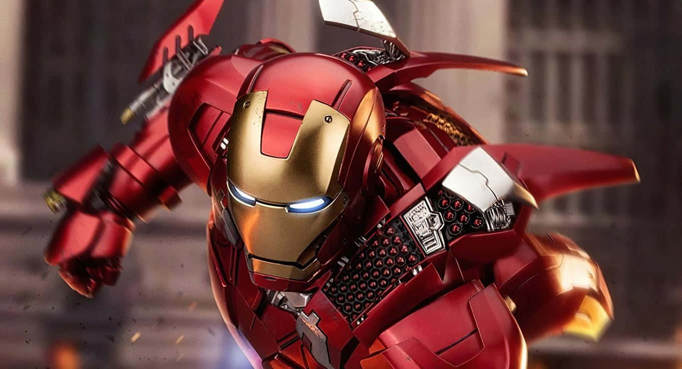 1366x768 Iron Man 桌布 壁紙 — 鋼鐵人穿著紅金裝甲，藍色眼睛發光，火花四濺，在 gritty 的城市環境中向前衝刺。