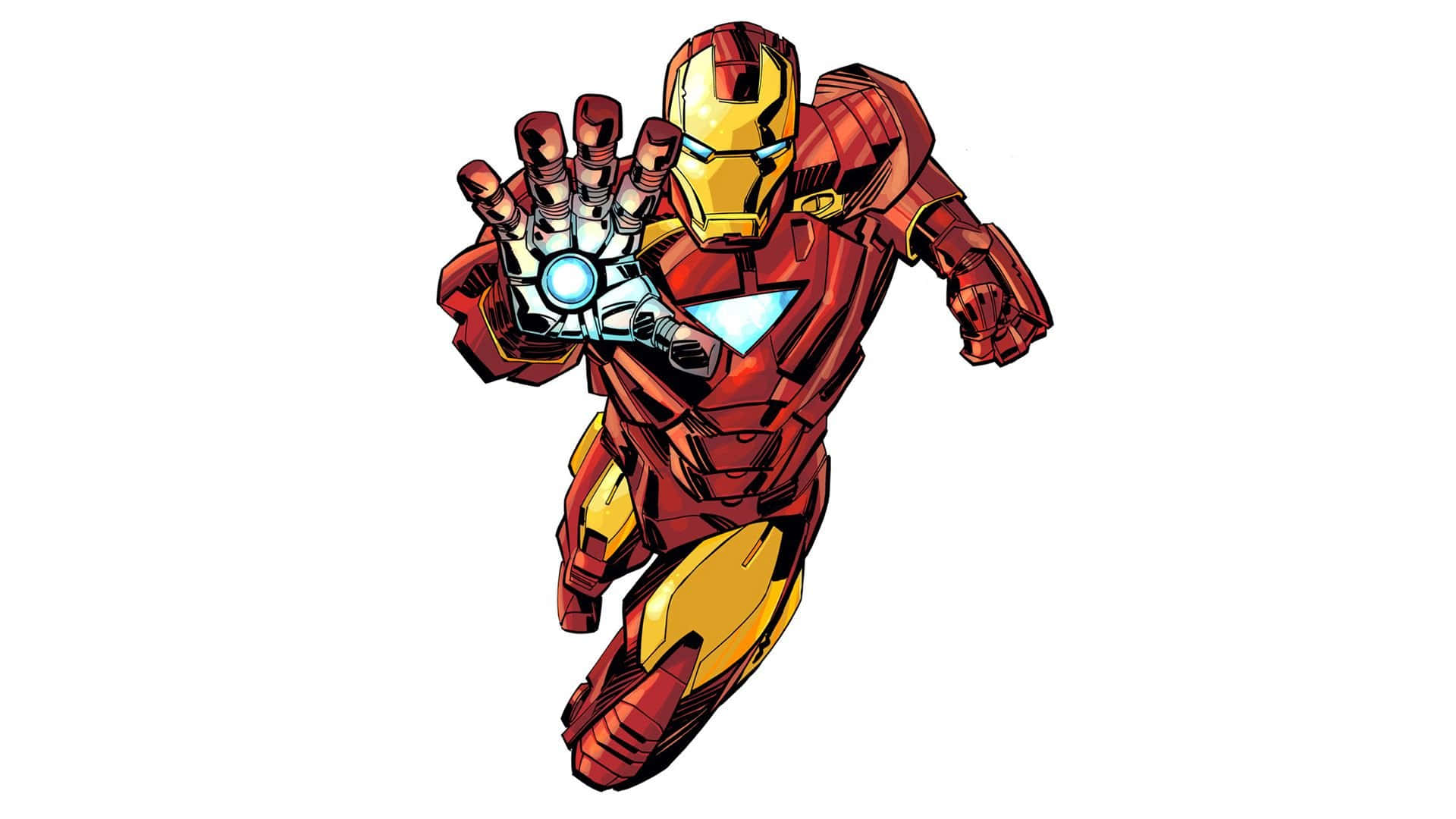 Iron Man Comics 桌布 壁紙 — 鋼鐵人穿著經典紅金裝甲，在純白背景前伸出衝擊波發射器手。