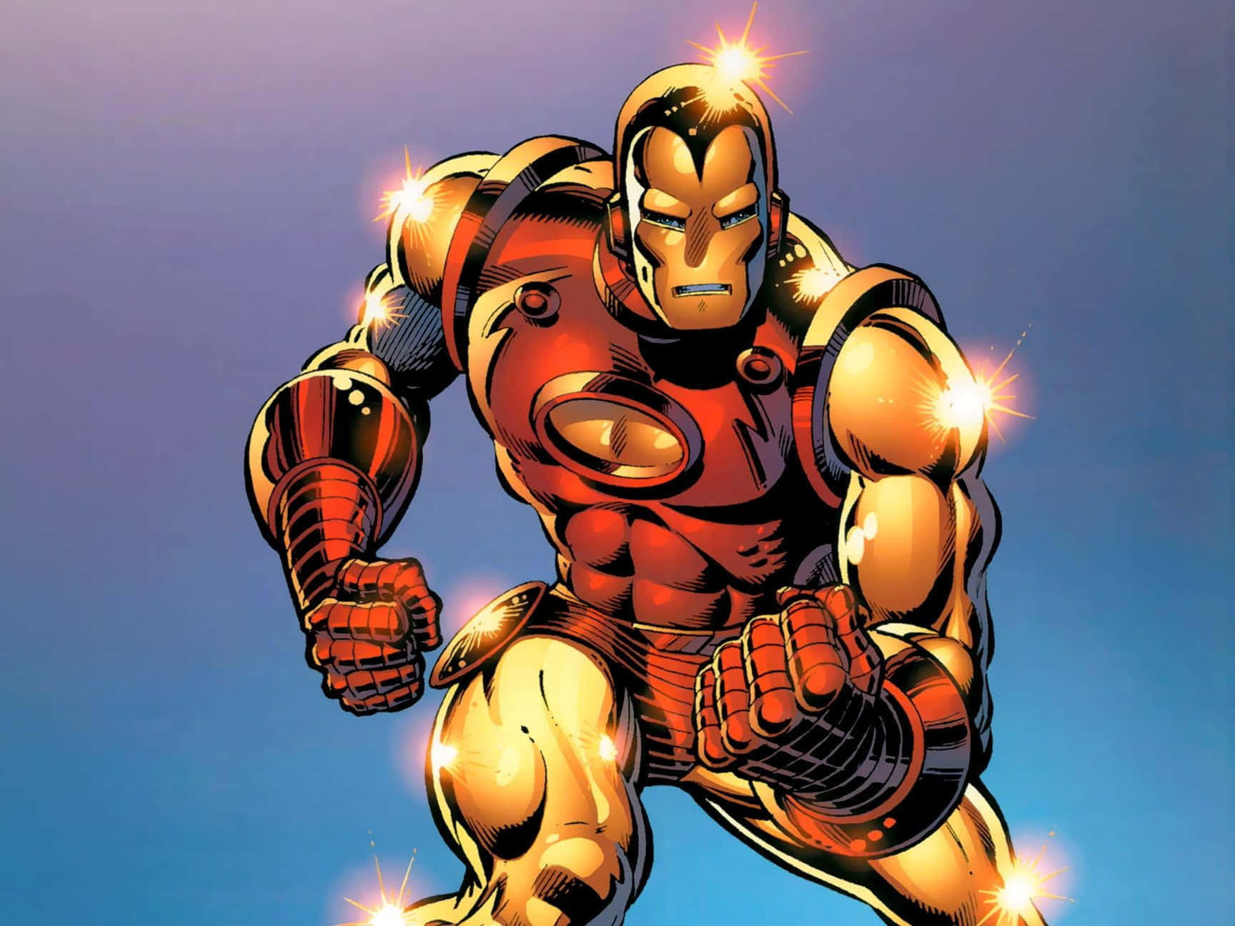 Iron Man Comics 桌布 壁紙 — 鋼鐵人穿著金色和紅色裝甲，在漸層藍色天空背景下強勢站立，戰衣上帶有發光高光。