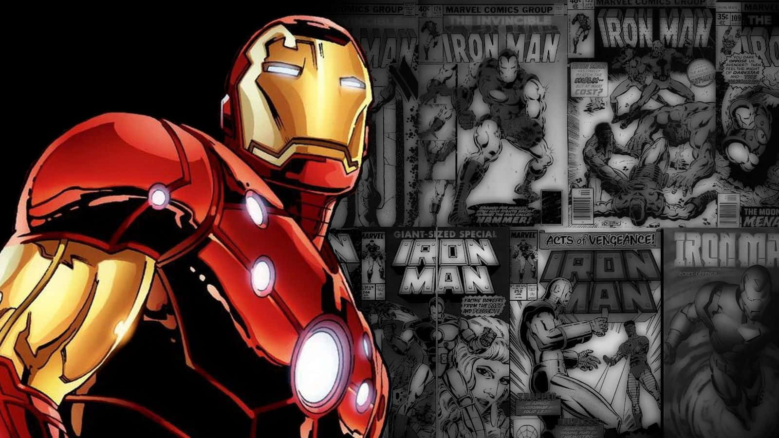 Iron Man Comics 桌布 壁紙 — 鋼鐵人穿著鮮豔的紅色和金色裝甲，在展示其冒險經歷的黑白漫畫面板背景前突出地站立。