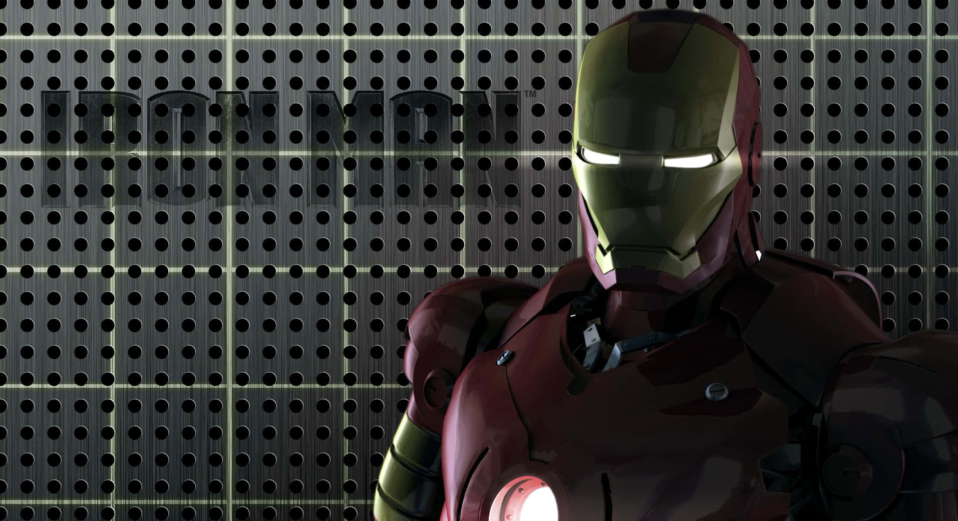 Iron Man Fan Art 桌布 壁紙 — 鋼鐵人站在光線昏暗的工業環境中，眼睛和胸部弧形反應器發光。