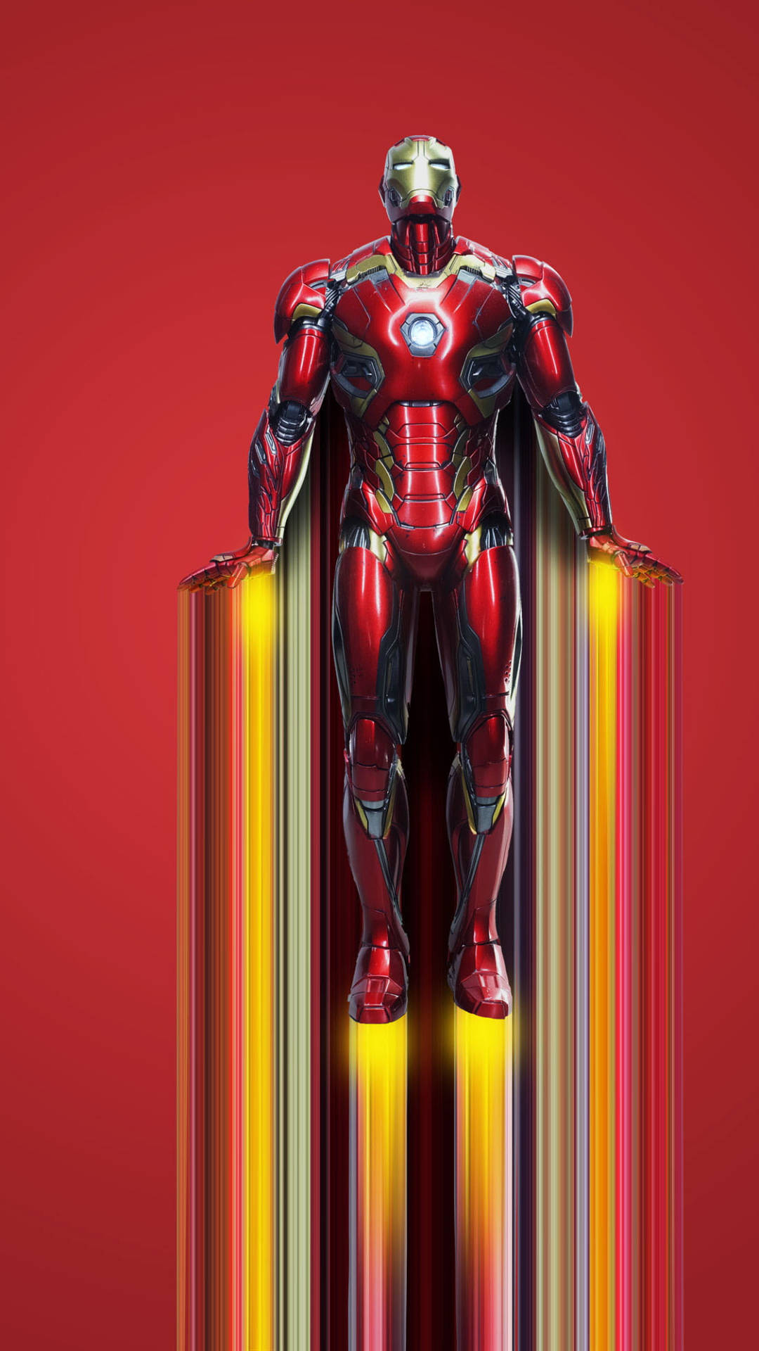 tony stark 桌布 壁紙 — 鋼鐵人站在大膽的紅色背景前，手掌和腳掌射出發光的黃色斥力光束。