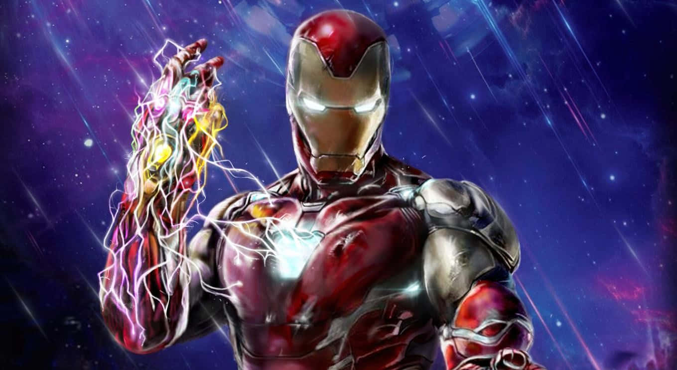 1366x768 Iron Man 桌布 壁紙 — 鋼鐵人站在太空中，發光的手套在繁星點點的宇宙背景下發出五彩斑斕的能量。