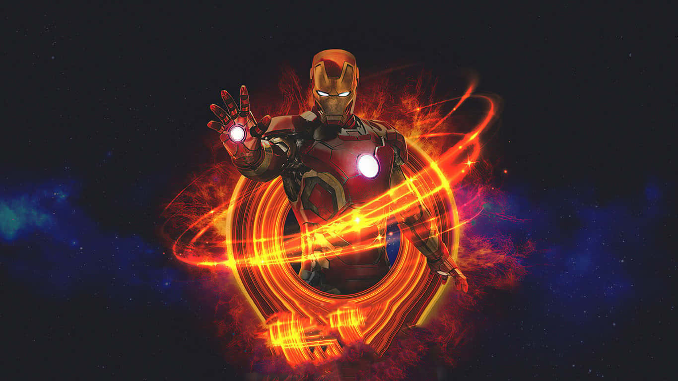 1366x768 Marvel 桌布 壁紙 — 鋼鐵人站在太空中，被旋轉的橙色能量和宇宙星雲包圍，並發出發光的斥力炮。