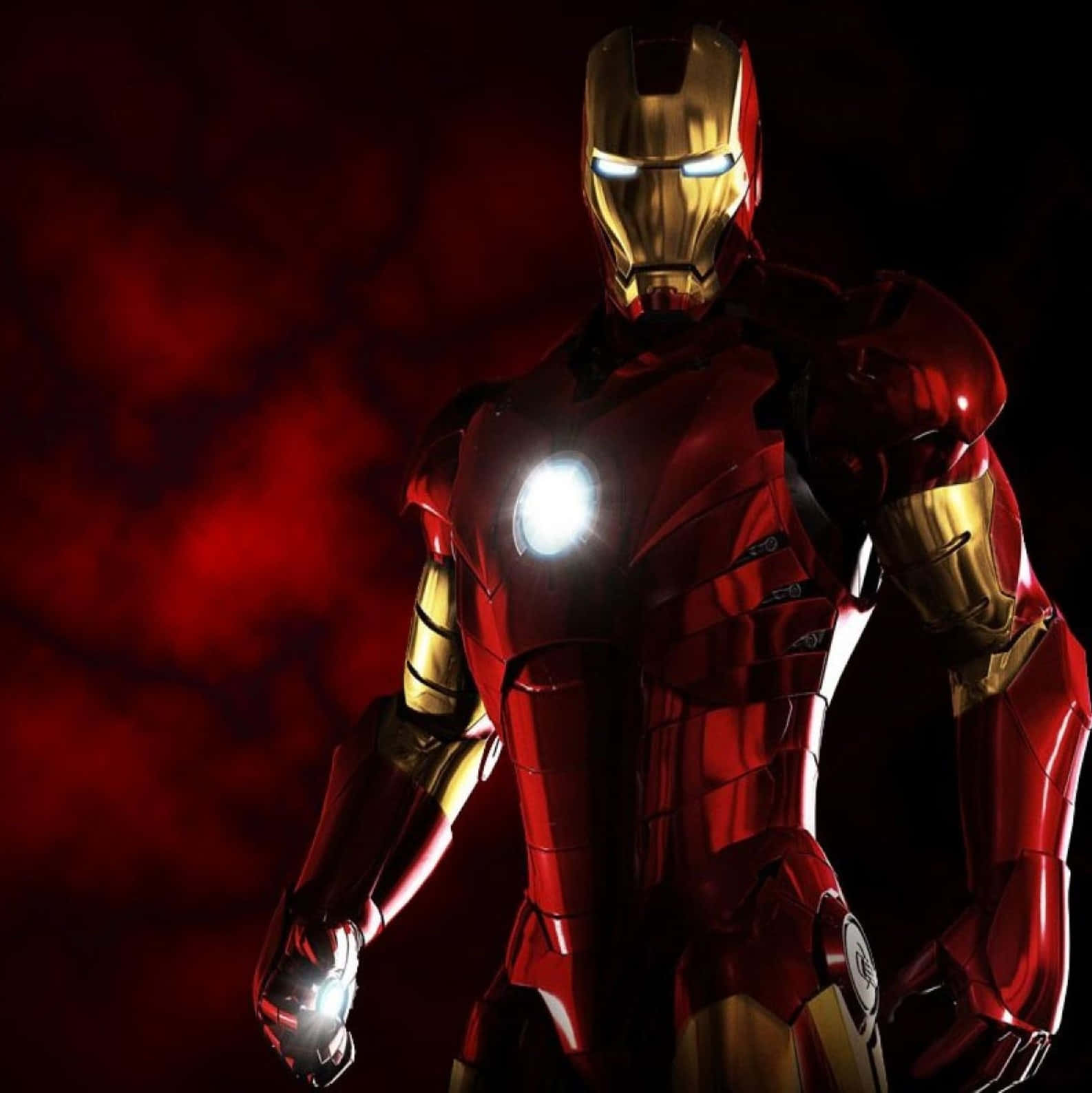 Best Iron Man 桌布 壁紙 — 鋼鐵人站在深紅色煙霧環境中，眼睛和胸部弧形反應爐發光。