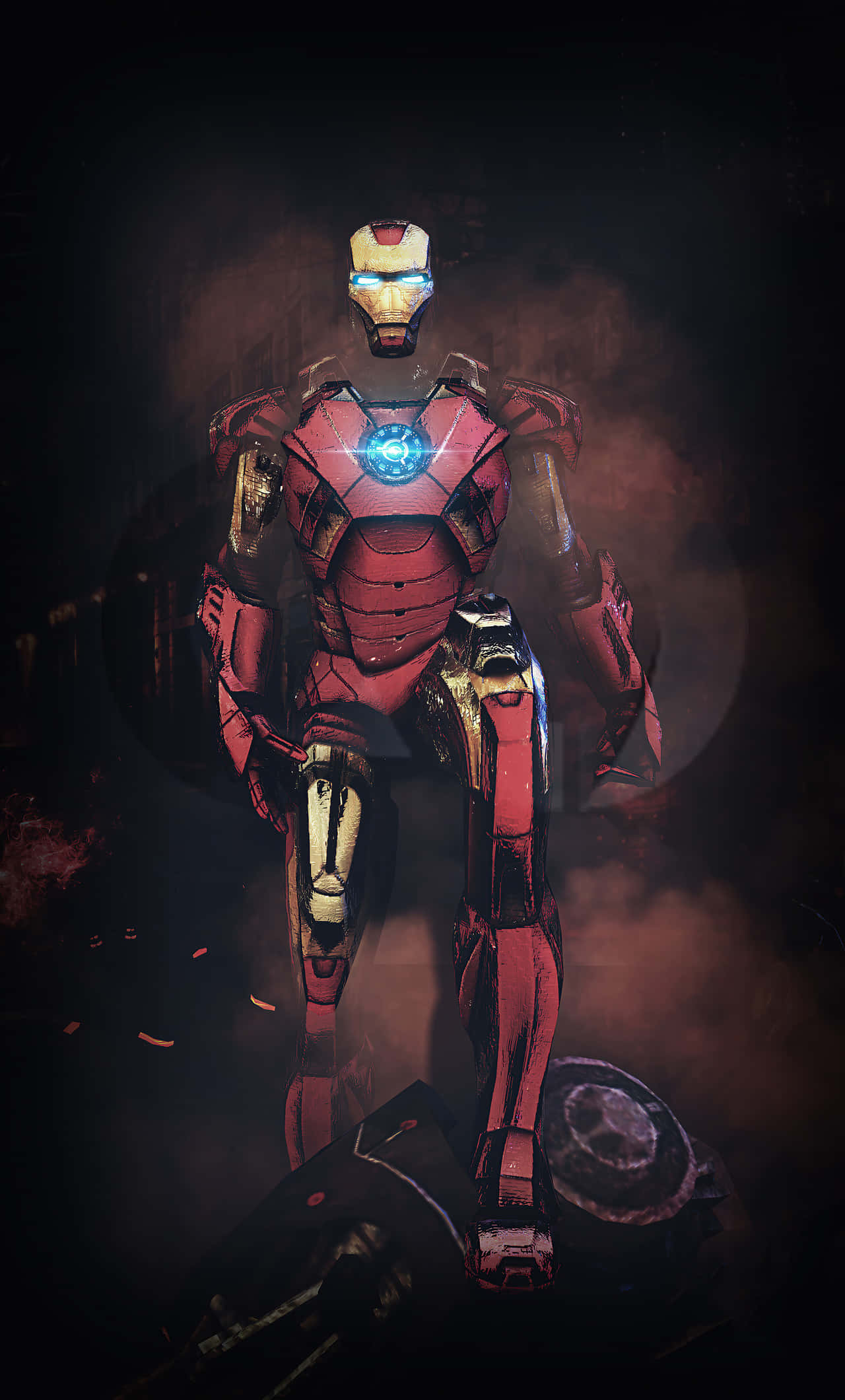 Iron Man Fan Art 桌布 壁紙 — 鋼鐵人站在煙霧瀰漫的黑暗環境中，擁有發光的藍色眼睛和胸部弧形反應器。