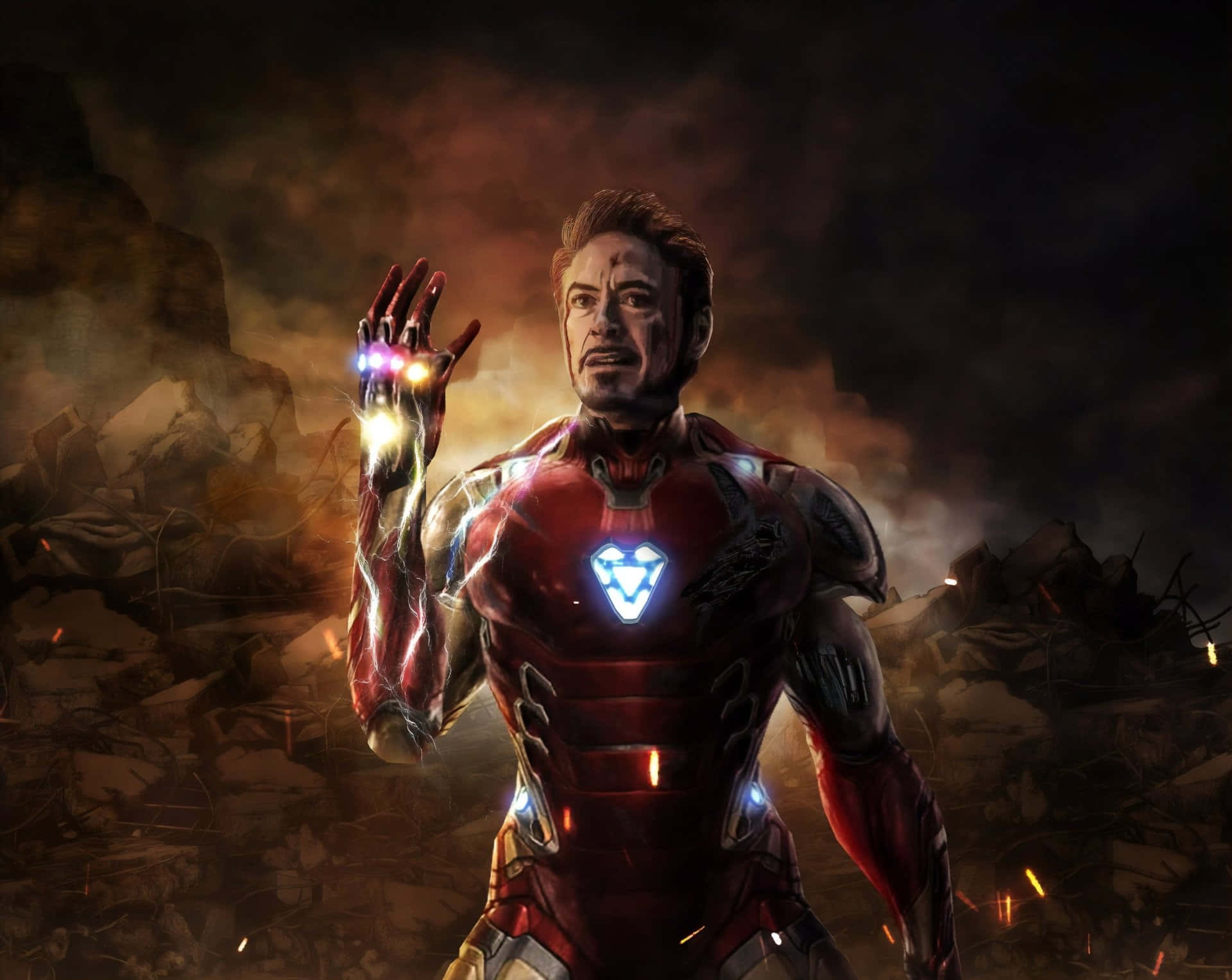 Iron Man Fan Art 桌布 壁紙 — 鋼鐵人站在瓦礫中，手持發光手套，胸口裝有弧形反應器，熾熱的火星在煙霧瀰漫的黑暗中飄浮。