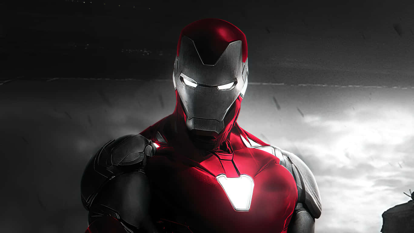 1366x768 Iron Man 桌布 壁紙 — 鋼鐵人站在風暴般的單色風景中，眼睛和胸部弧形反應爐發光。