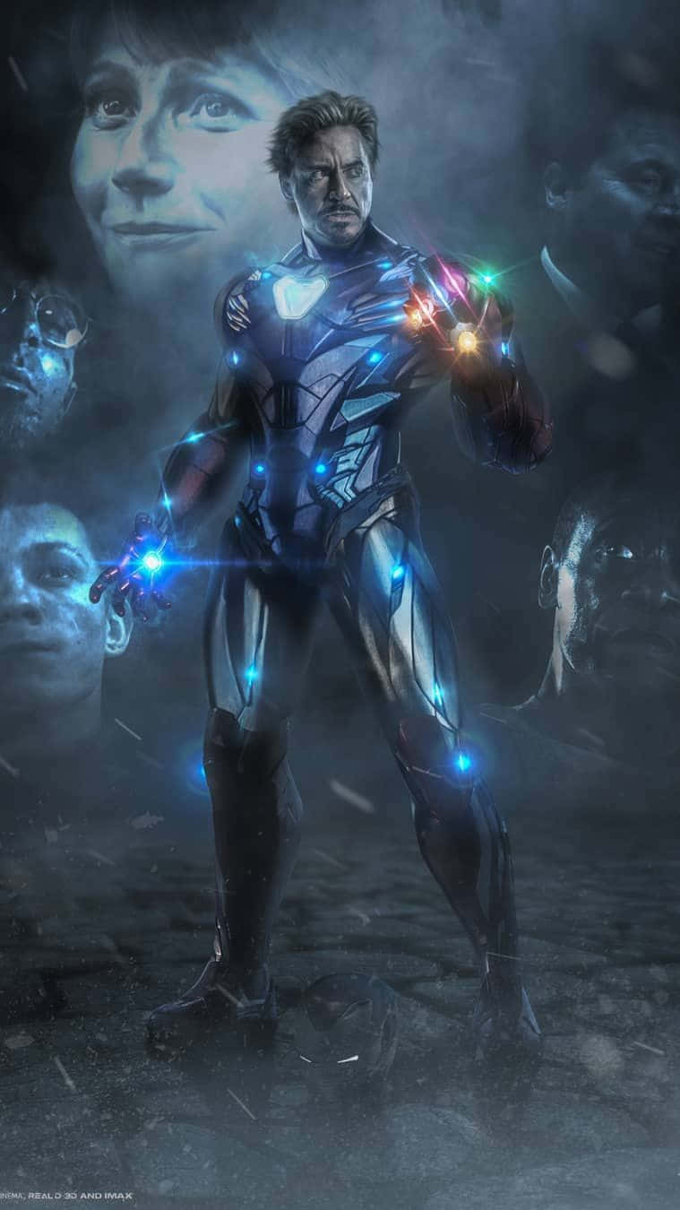 Avengers Endgame iPhone 桌布 壁紙 — 鋼鐵人站在黑暗煙霧瀰漫的場景中，手持發光的無限手套，背景中浮現著摯愛的面孔。