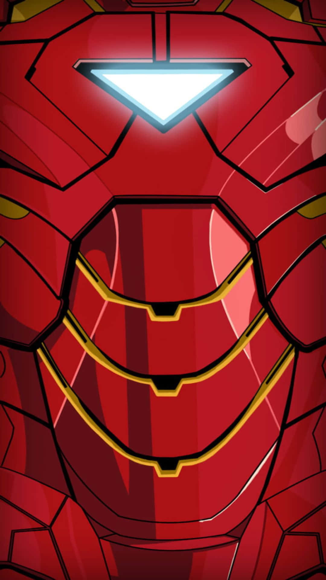 Android Iron Man 桌布 壁紙 — 鋼鐵人紅色和金色頭盔的特寫，帶有發光的弧形反應器眼睛。