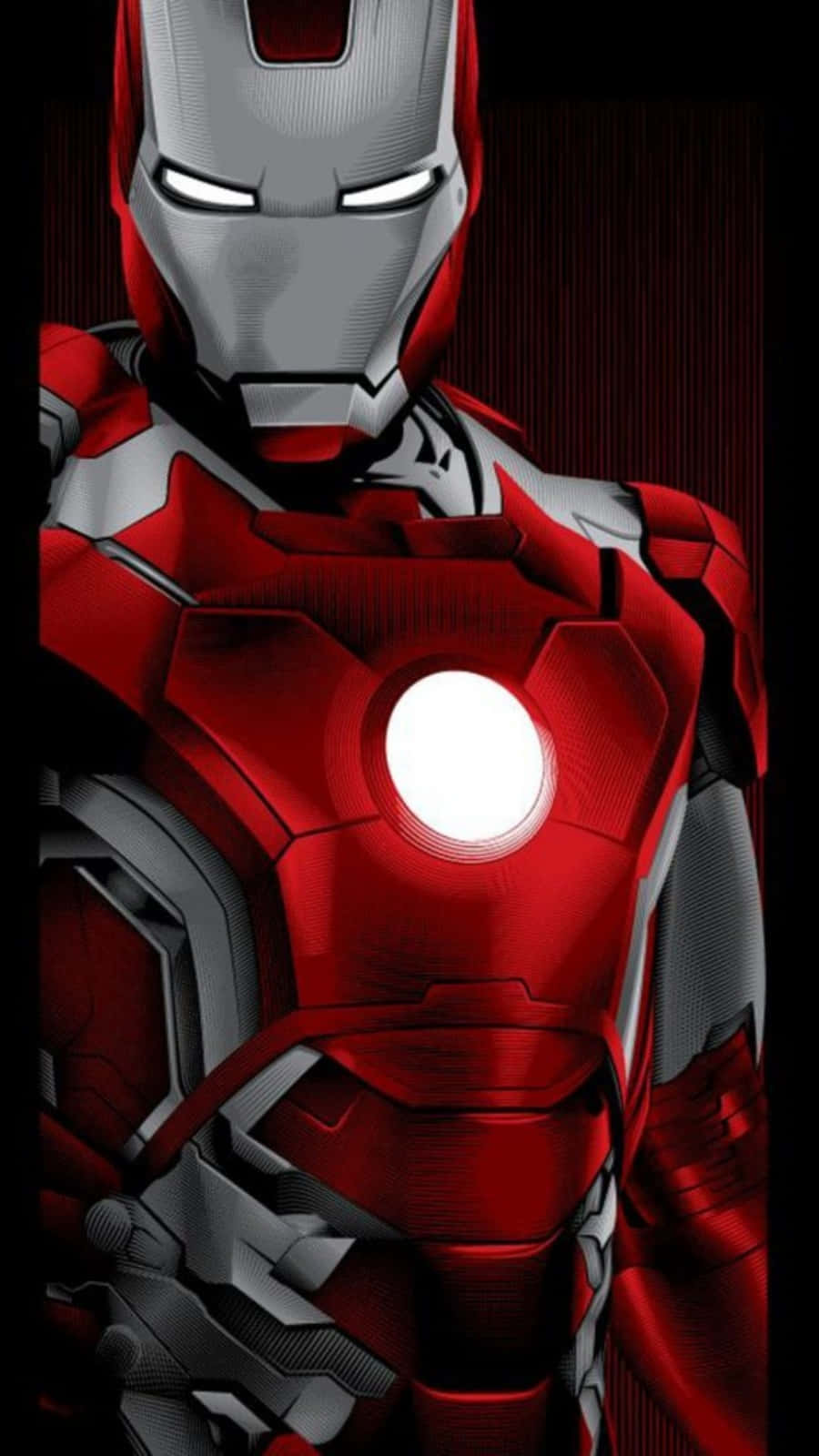 Vibranium Suit 桌布 壁紙 — 鋼鐵人紅色和銀色裝甲戰衣的特寫，帶有發光的弧形反應器和眼睛，背景為深色。