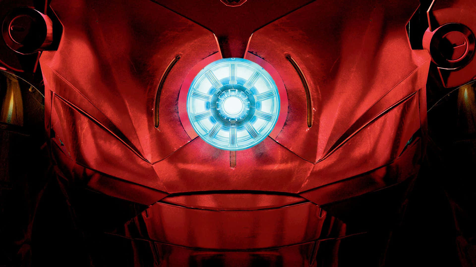 Iron Man Arc Reactor 桌布 壁紙 — 鋼鐵人紅色金屬胸甲內脈動的發光藍色弧形反應器特寫。