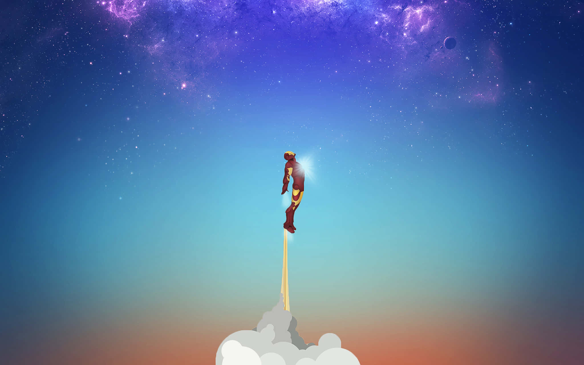 Iron Man Art 桌布 壁紙 — 鋼鐵人翱翔於雲層之上，進入一個星光燦爛的紫藍色宇宙天空，推進器閃閃發光。