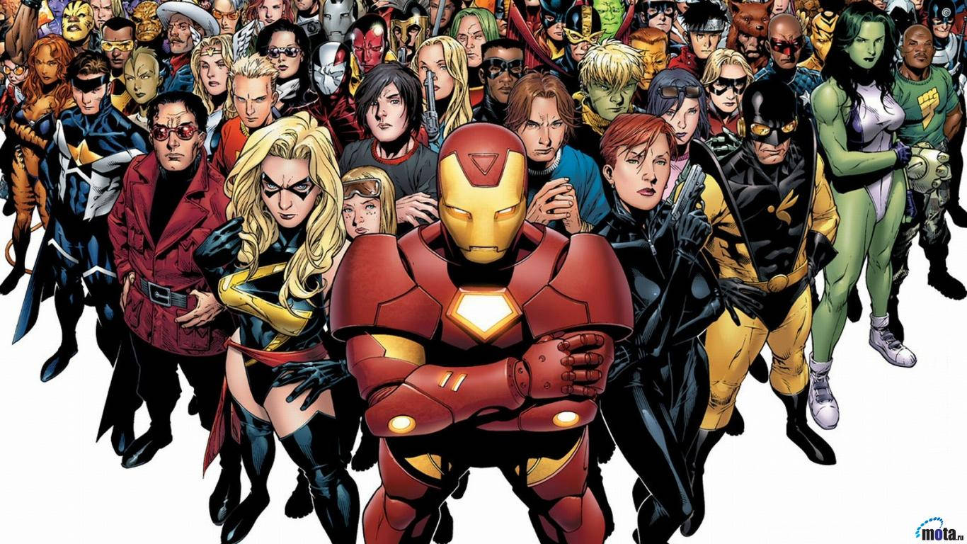 comic 桌布 壁紙 — 鋼鐵人自信地站在一群密集的多樣化超級英雄角色的中心，擺出動態的漫畫姿勢。