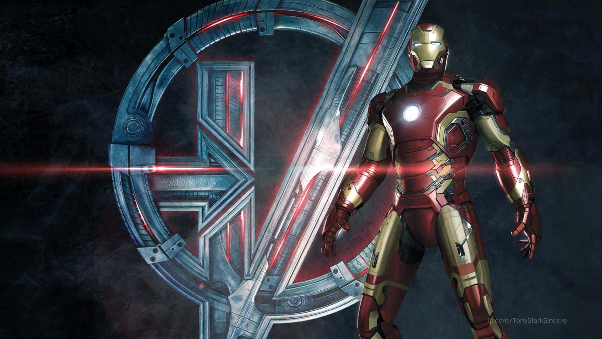 Avengers Movie 桌布 壁紙 — 鋼鐵人自信地站在發光的復仇者聯盟標誌前，處於黑暗煙霧環境中，伴有紅色雷射光束。