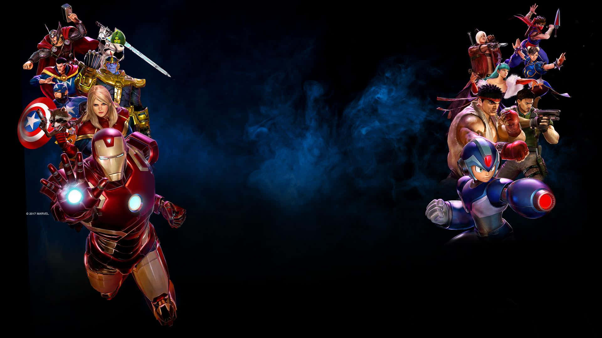 Marvel Vs Capcom Characters 桌布 壁紙 — 鋼鐵人與Marvel英雄在煙霧瀰漫的深藍色背景下與Mega Man和Capcom戰士交鋒。