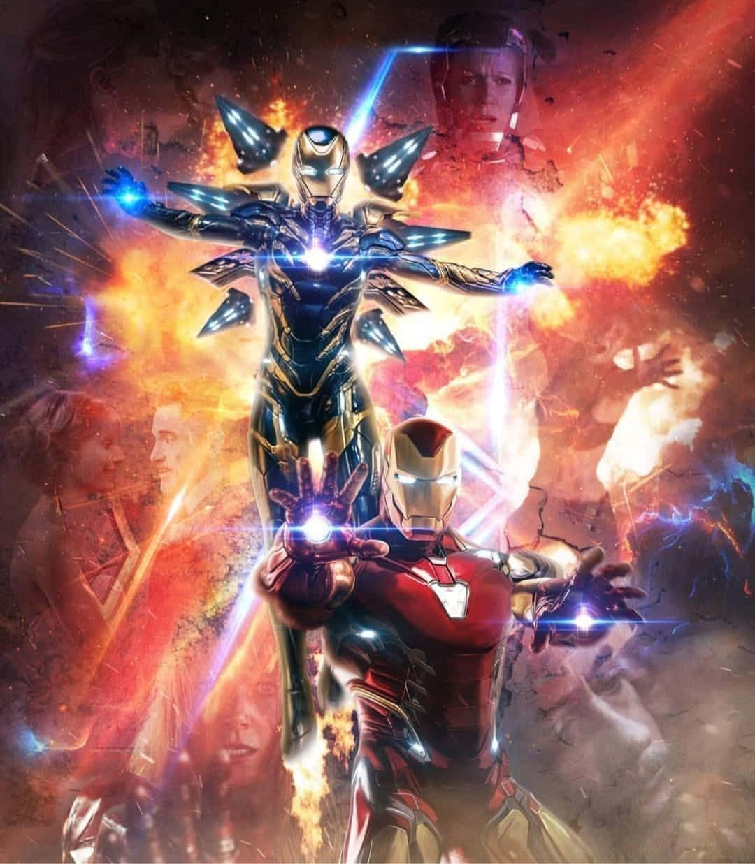 Pepper Potts 桌布 壁紙 — 鋼鐵人與戰爭機器在戲劇性的電影場景中，英勇地站立在熾熱爆炸與發光能量光束之間。