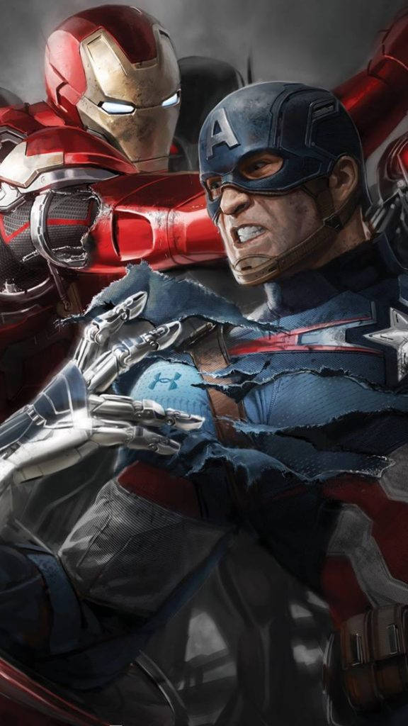 Captain America iPhone 桌布 壁紙 — 鋼鐵人與美國隊長在一場粗糙的數位藝術戰鬥中碰撞，布料撕裂，表情激烈。