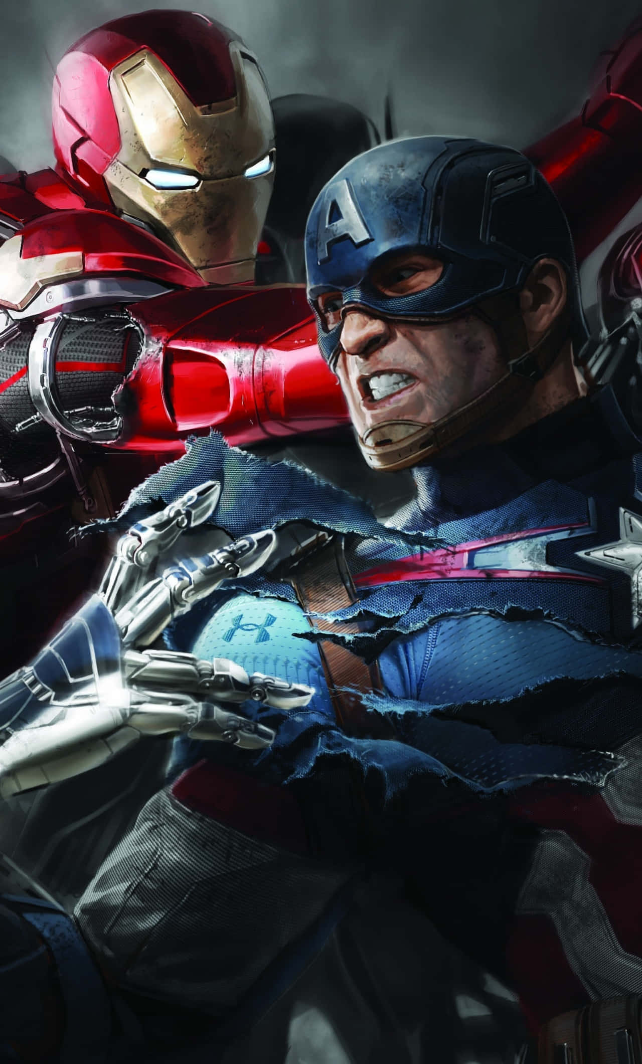 Captain America Movie 桌布 壁紙 — 鋼鐵人與美國隊長在激烈的近距離戰鬥中，制服破損，表情凝重。