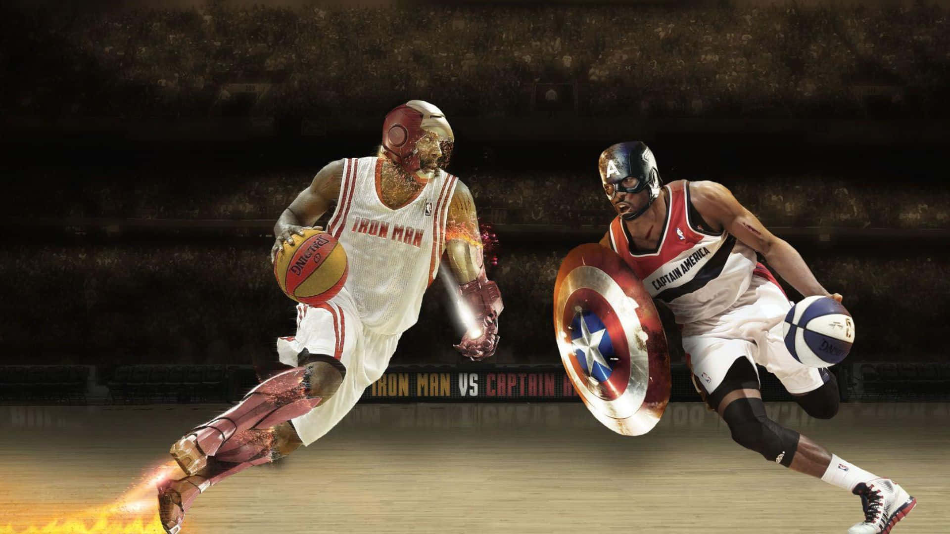 Iron Man Vs Captain America 桌布 壁紙 — 鋼鐵人與美國隊長在籃球比賽中對決，伴隨火焰效果和戲劇性燈光。