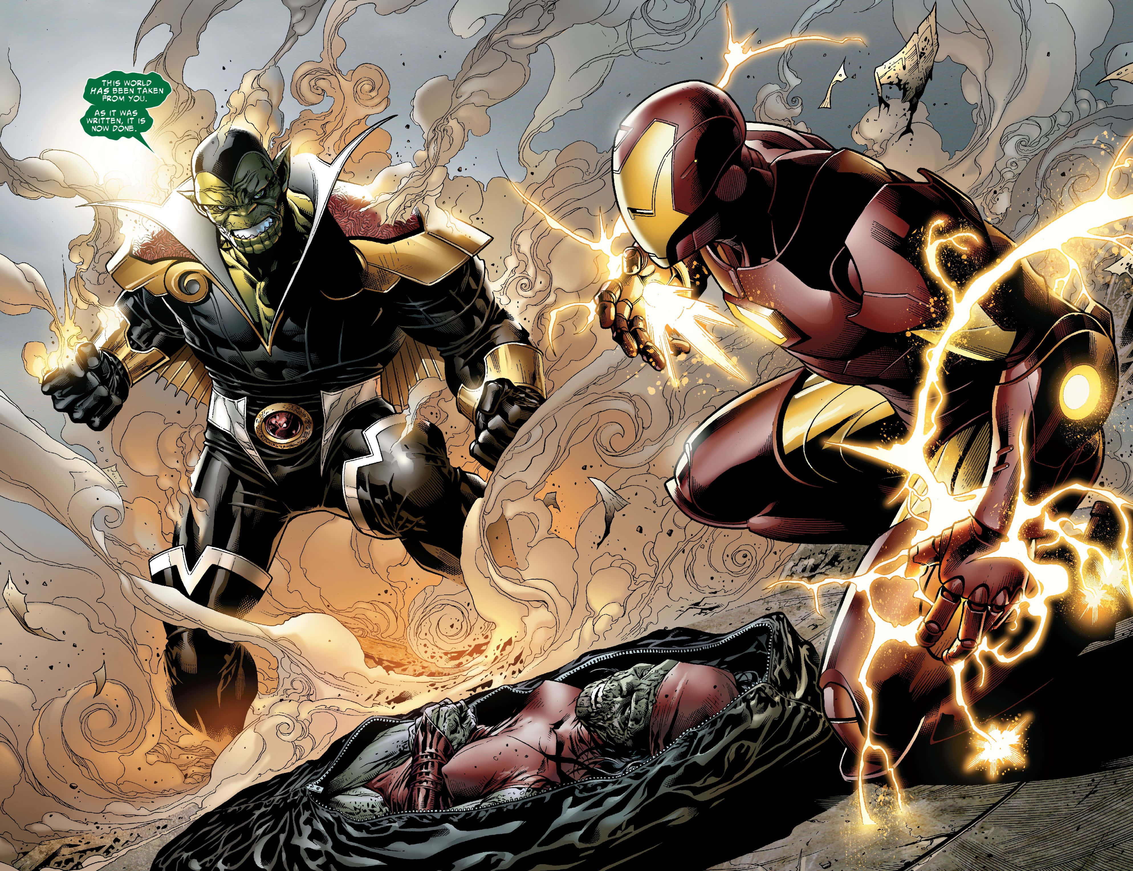 Skrulls 桌布 壁紙 — 鋼鐵人與薩諾斯在煙霧和碎片中激烈交戰，下方有一個被打敗的人物。