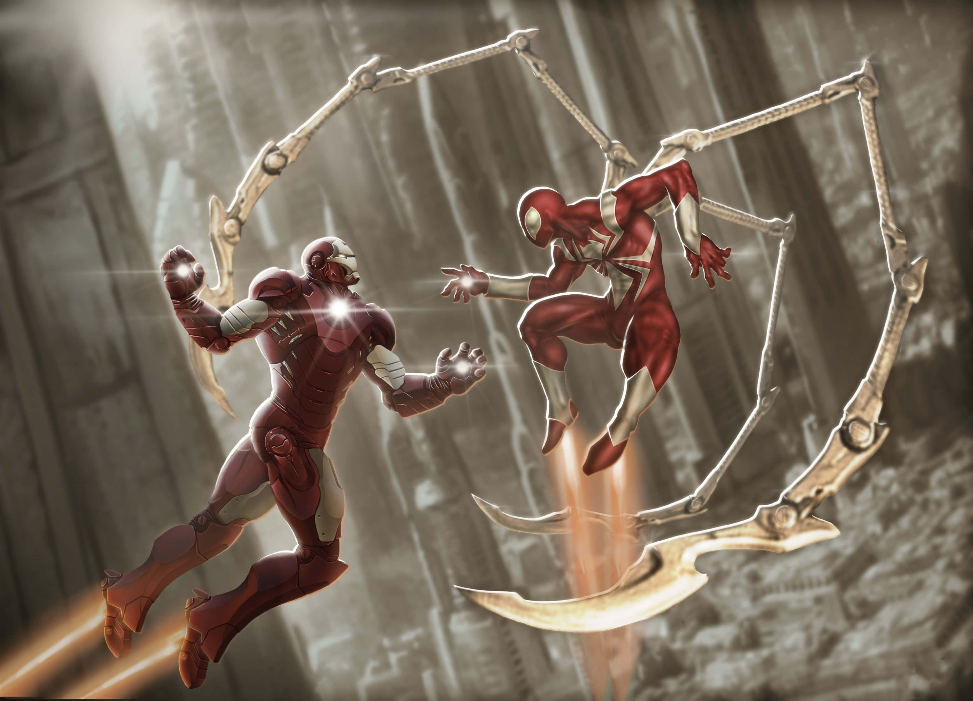 Iron Man Fan Art 桌布 壁紙 — 鋼鐵人與蜘蛛人在半空中激烈碰撞，展開一場充滿機械臂和發光能量效果的動態戰鬥。