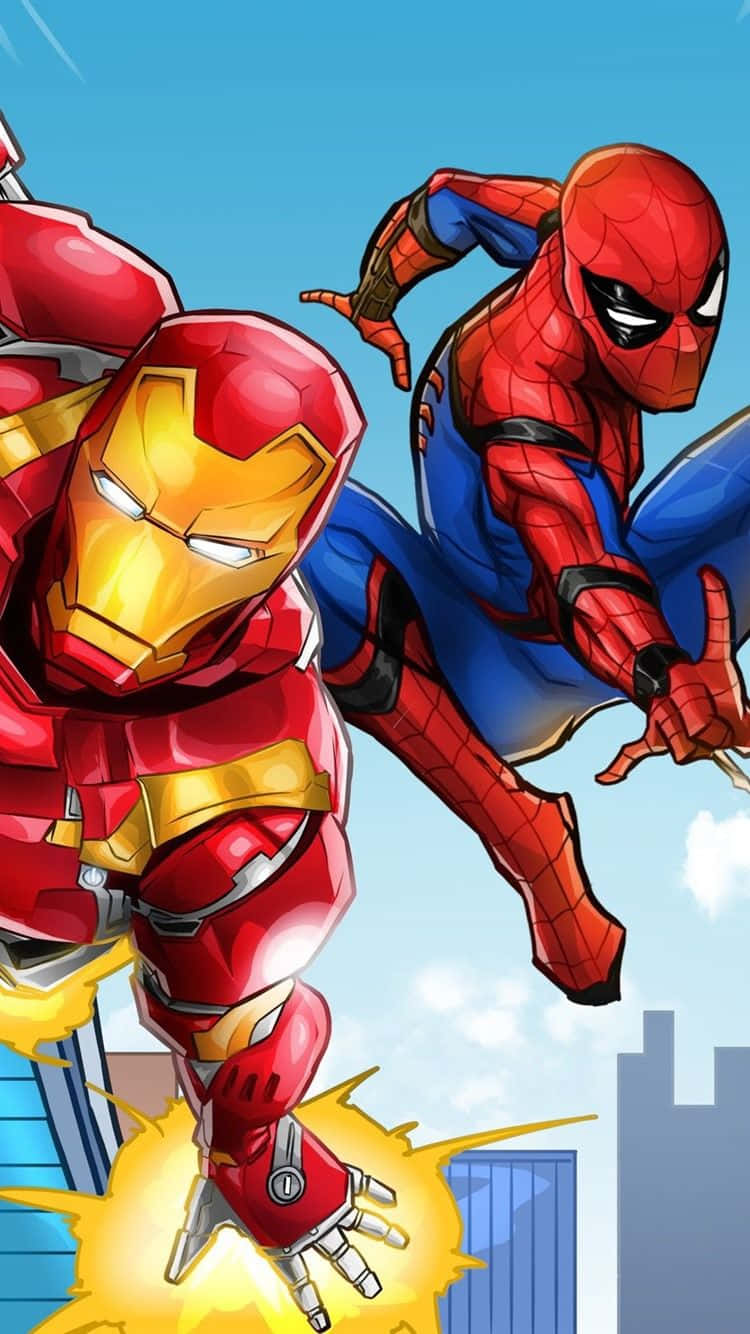 Iron Man And Spider-man 桌布 壁紙 — 鋼鐵人與蜘蛛俠在藍天白雲下，於城市景觀上方動態跳躍，伴隨能量爆炸。
