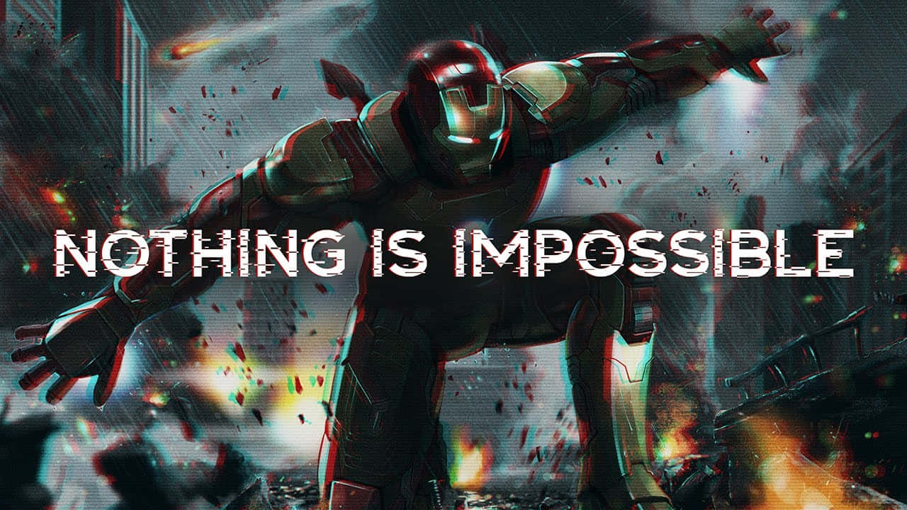 Iron Man Quotes 桌布 壁紙 — 鋼鐵人英勇地站在熾熱爆炸和碎片中，粗體文字宣告沒有什麼是不可能的。