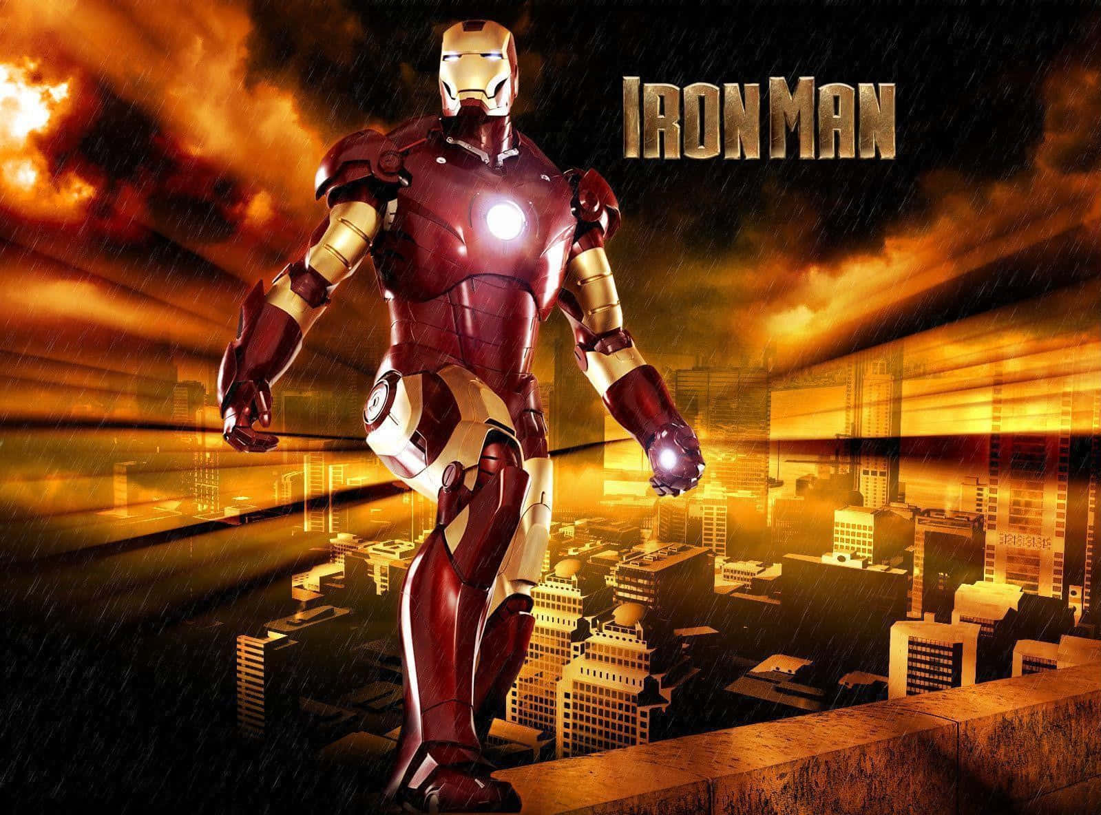 Iron Man Movies 桌布 壁紙 — 鋼鐵人英雄式地站在城市天際線上，天空火紅橙黃，雨水在他周圍落下。