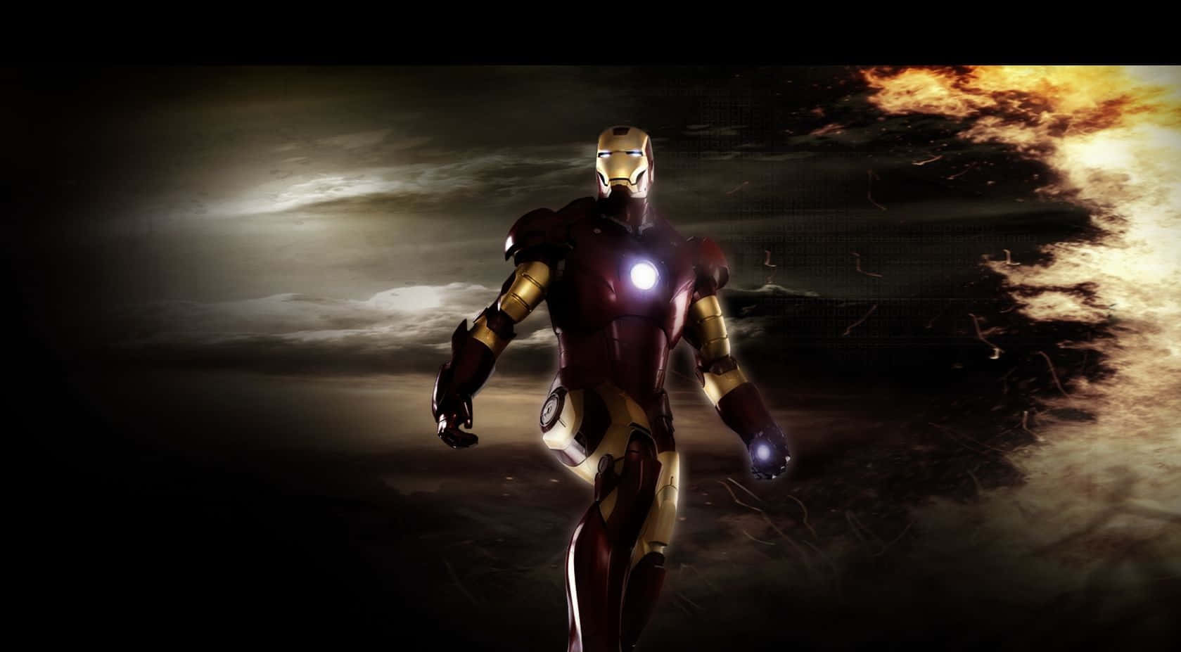 Best Iron Man 桌布 壁紙 — 鋼鐵人英雄式地站在熾熱風暴天空下，發光的弧形反應爐和斥力炮閃耀。